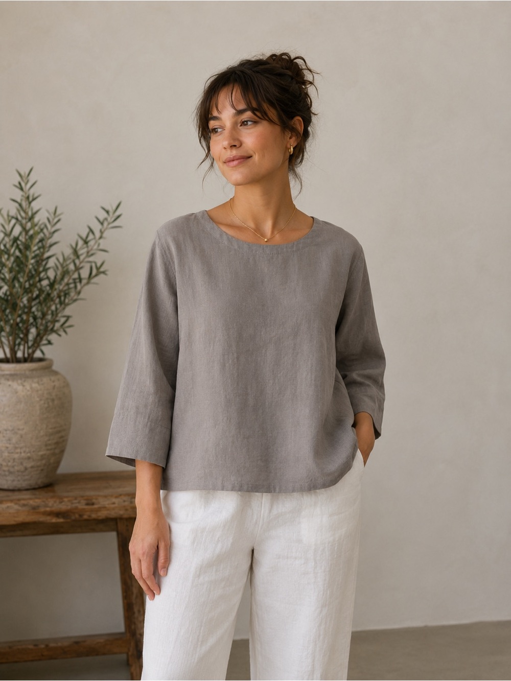 Muji Neutral Linen 3/4 Sleeve Top — Medium